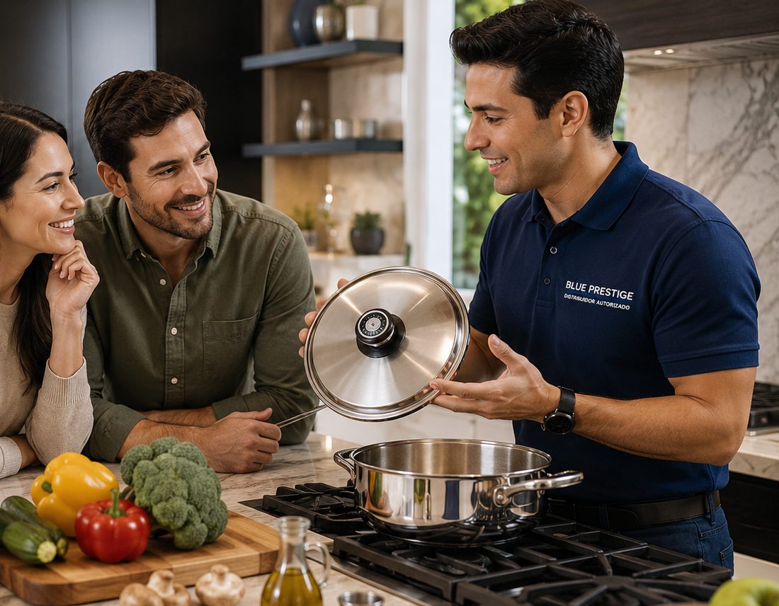 Representante de Blue Prestige mostrando una batería de cocina a una pareja durante una demostración en casa.
