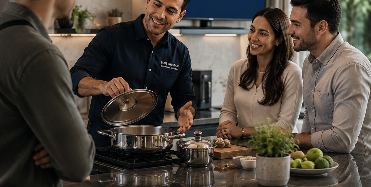 Demostración culinaria de Blue Prestige con clientes mientras una persona en formación observa el proceso.
